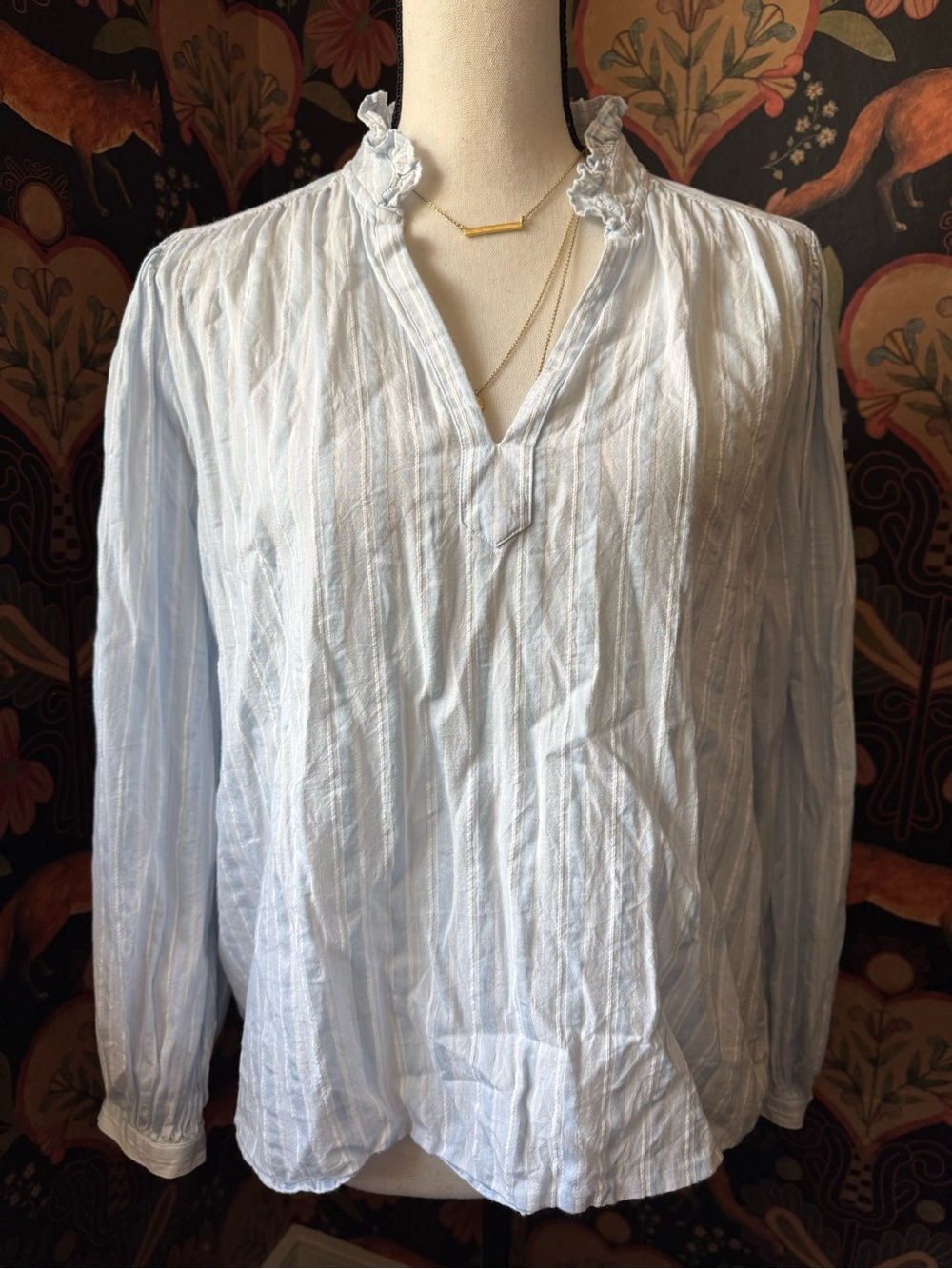 Madewell Ruffled Popover 100% Cotton Blue Stripe Blouse Shirt Size M - Picture 2 of 8